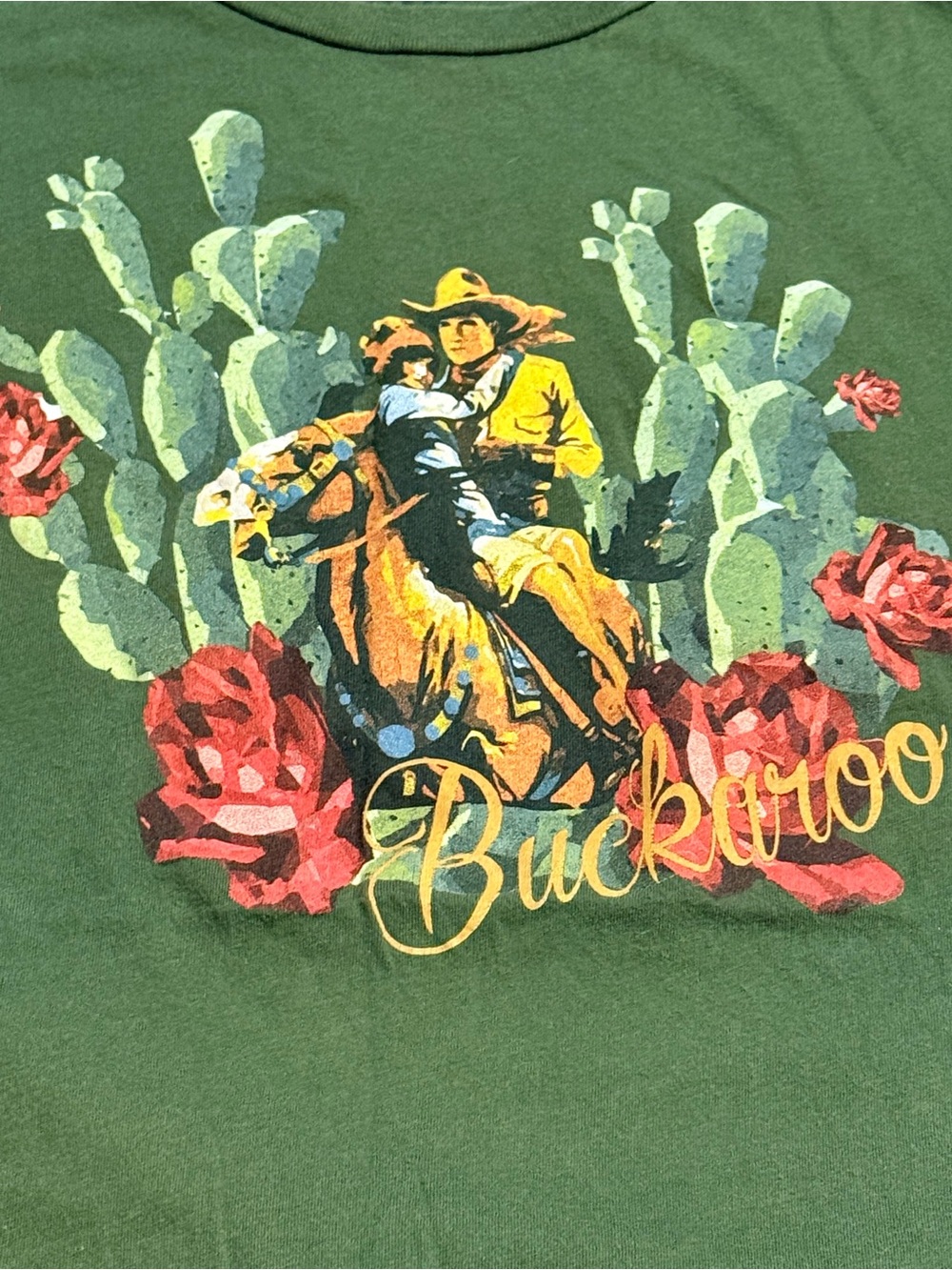 RODEO QUINCY Women’s fitted green buckaroo Graphic Tee with Floral Cactus Print